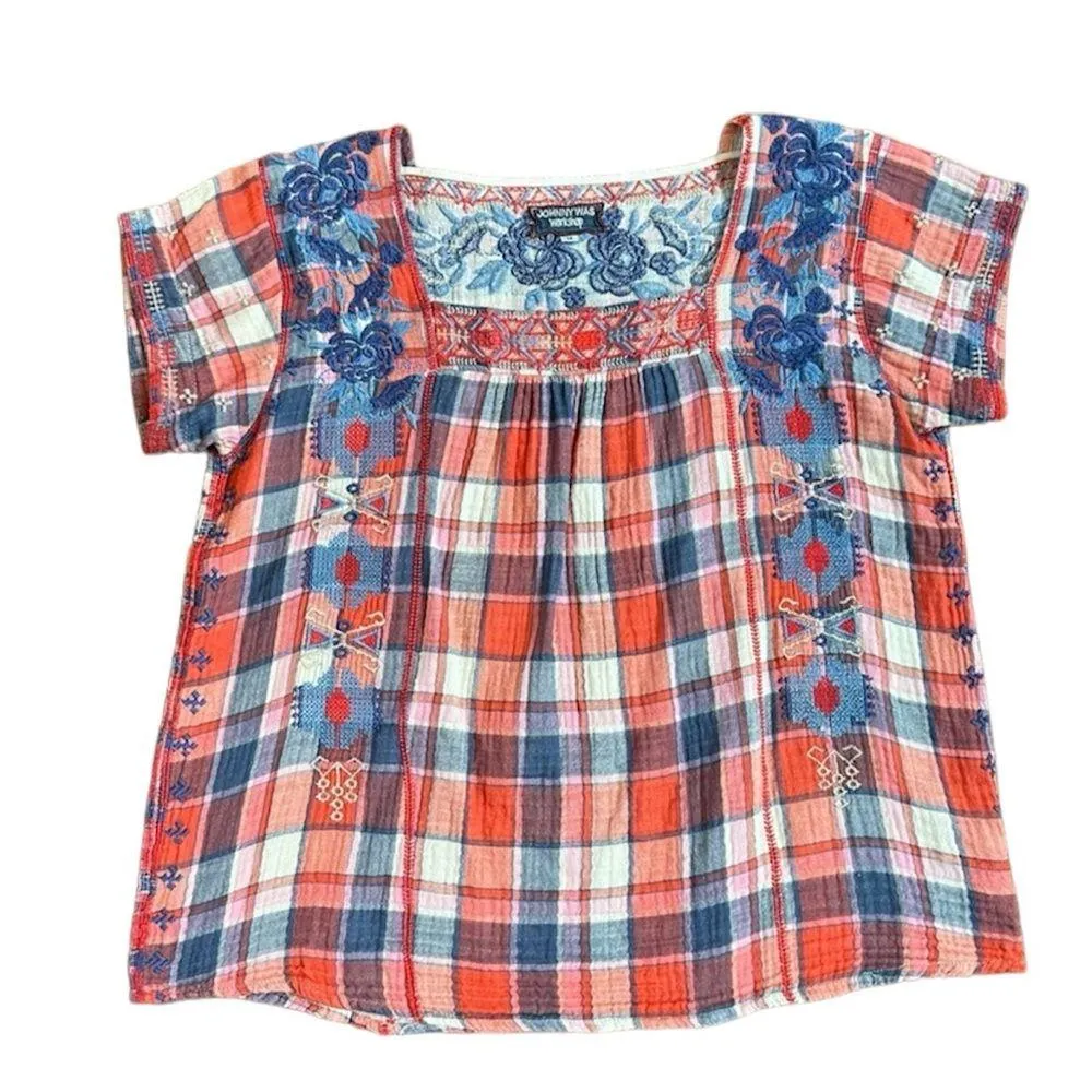 Johnny Was Workshop Zelda Mexican Plaid Embroidered Short Sleeve Red/Blue/White - Image 5
