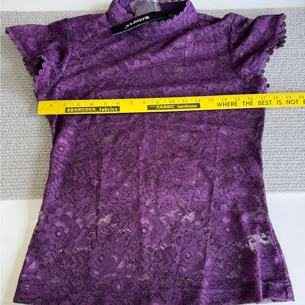 Allegra K Purple Violet Sheer Lace High Neck Short Sleeve Blouse Size Small NWT - Image 8