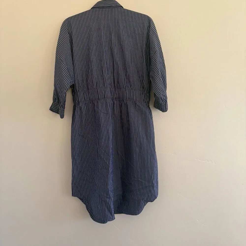 ZARA Striped Belted Midi Shirt Dress M Navy Cream Button Front cnasual women - Image 2