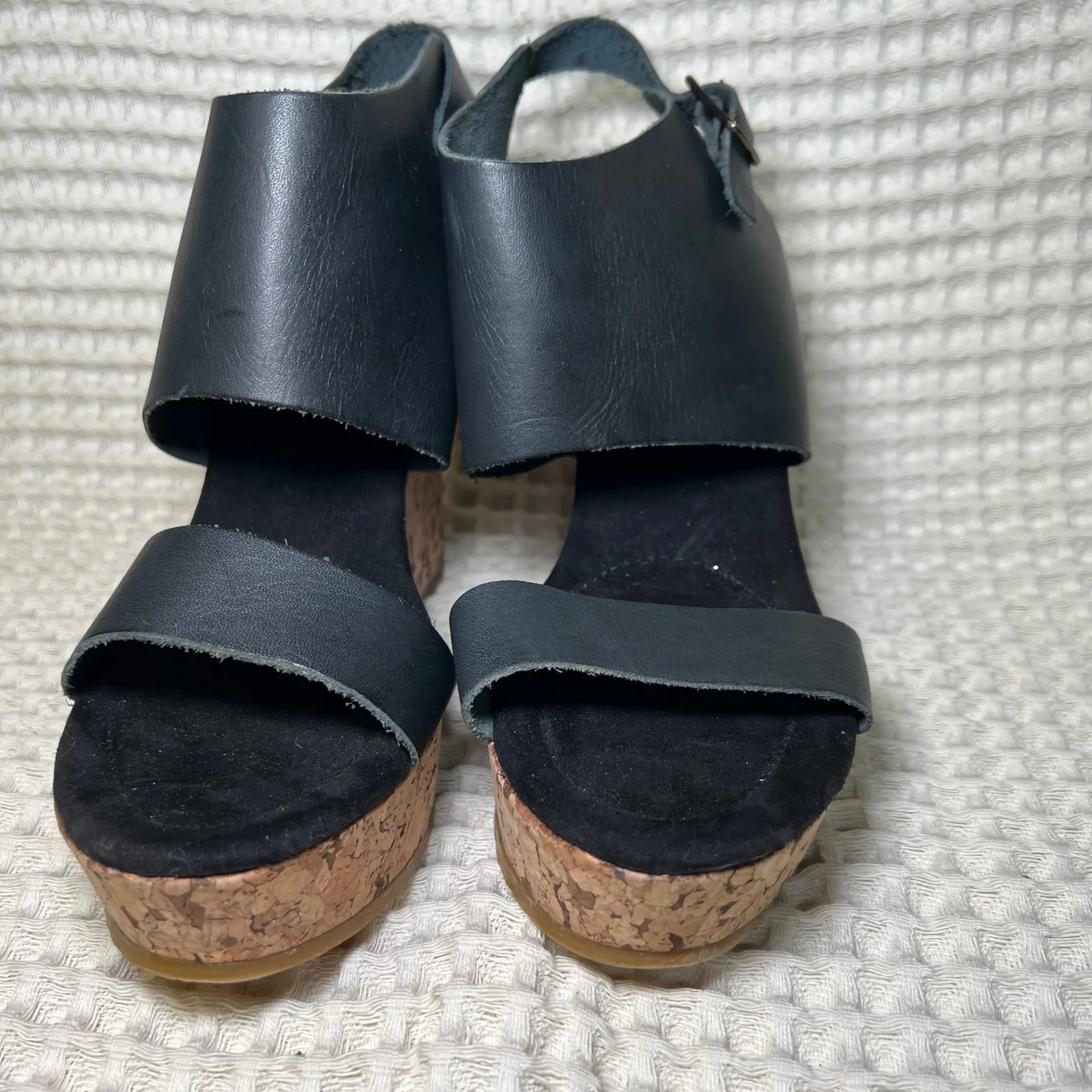 Corkys Elite Black Leather Cork Wedge Sandals Women's Ankle Strap Buckle 9.6 Size 9.5 - Image 2
