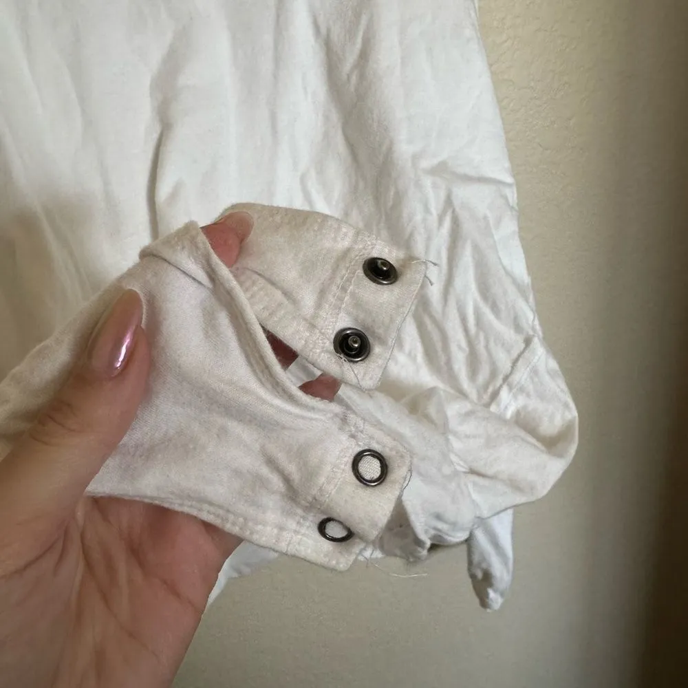 Free People Long‎ Sleeve Crewneck Bodysuit Printed Floral Sleeves Sz Small White - Image 2