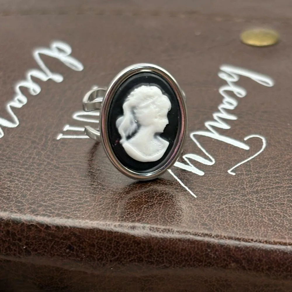 Handmade Black White Cameo Ring Victorian Stainless Steel Adjustable - Image 7