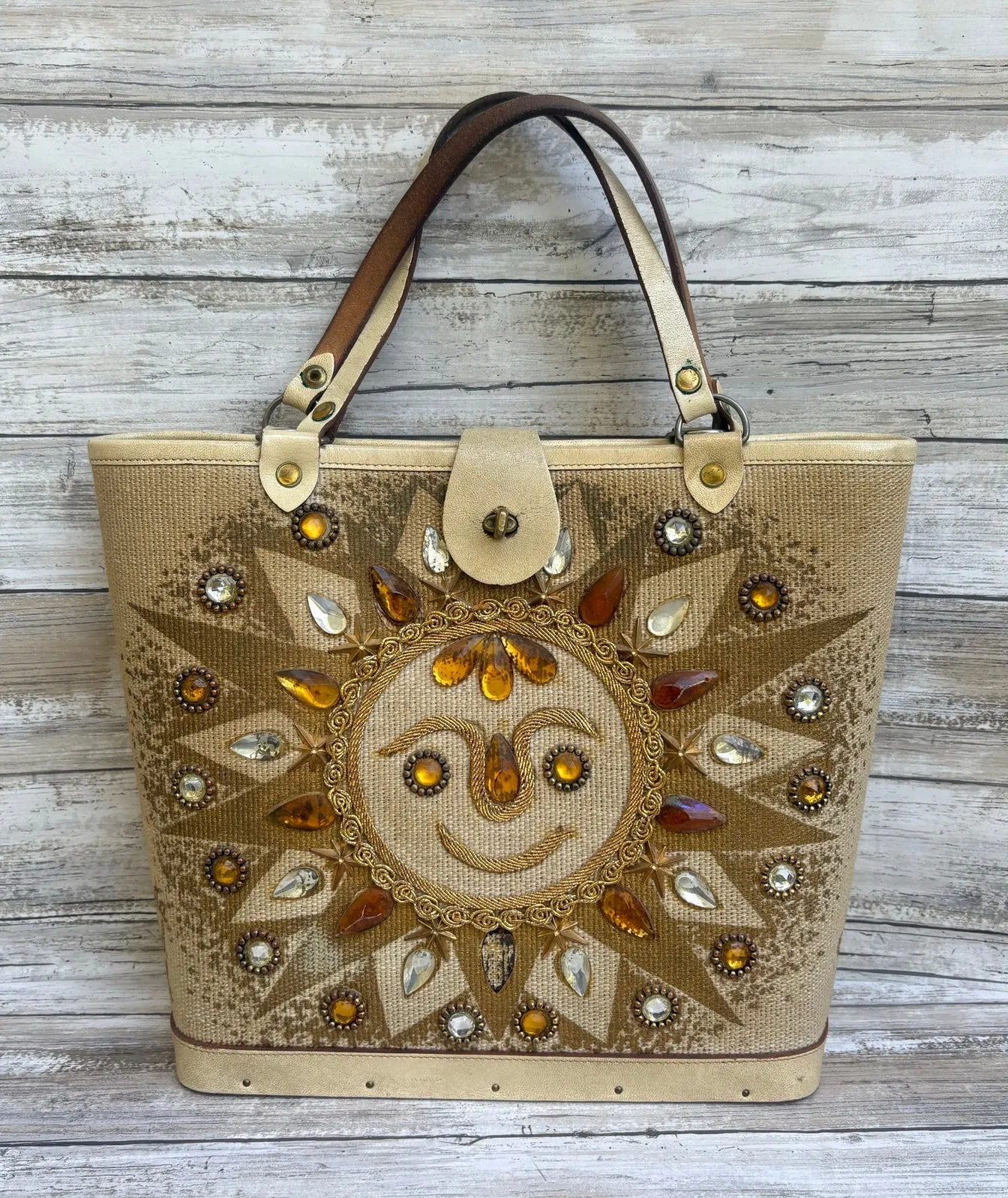 VTG Enid Collins of Texas Purse Fiesta del Sol Canvas Wood Jewels Sun Celestial Tan - Image 1