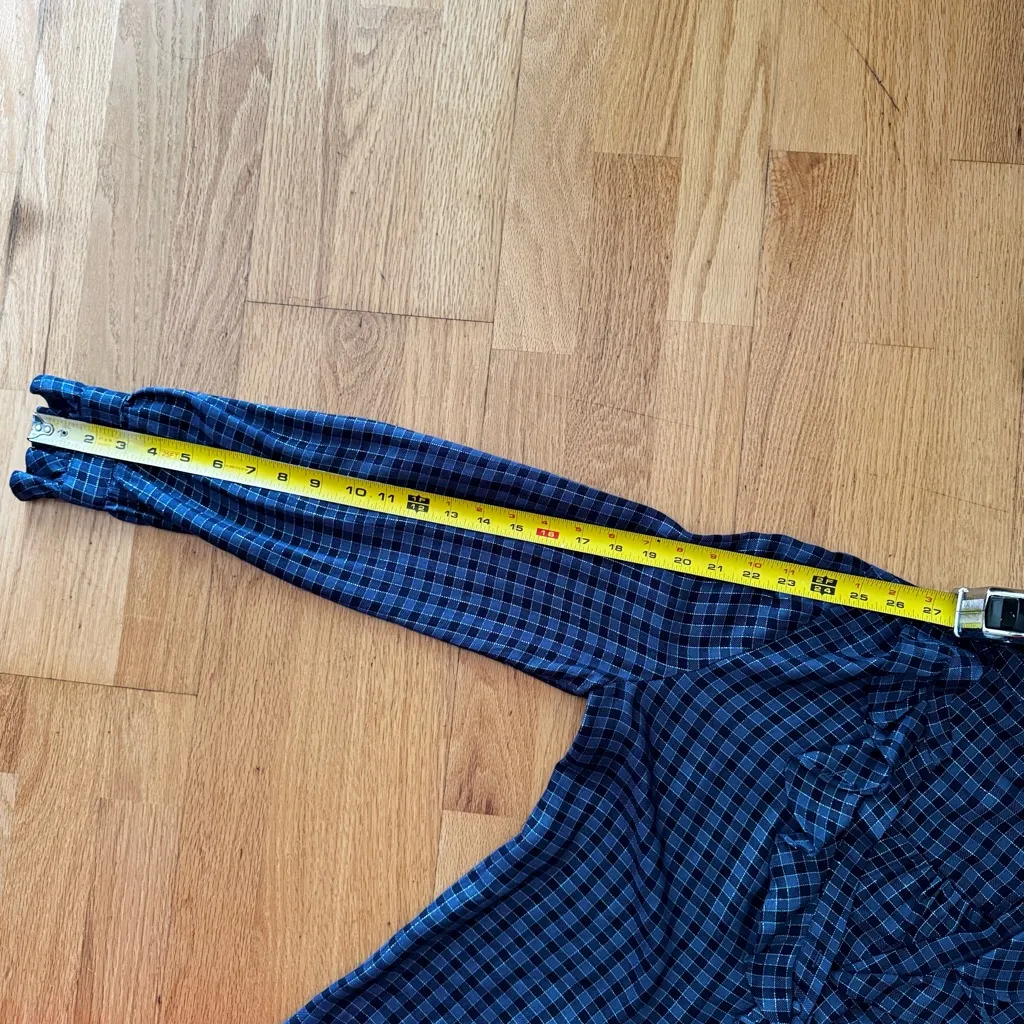 PAIGE Women’s Amalfi Blouse Mettalic Navy Black Plaid Ruffle Long Sleeve Top M - Image 10