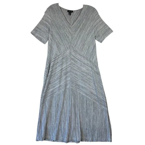 RONEN‎ CHEN Gray Striped V Neck Midi Dress Women Sz 8 Made in Israel Stretch - Image 2