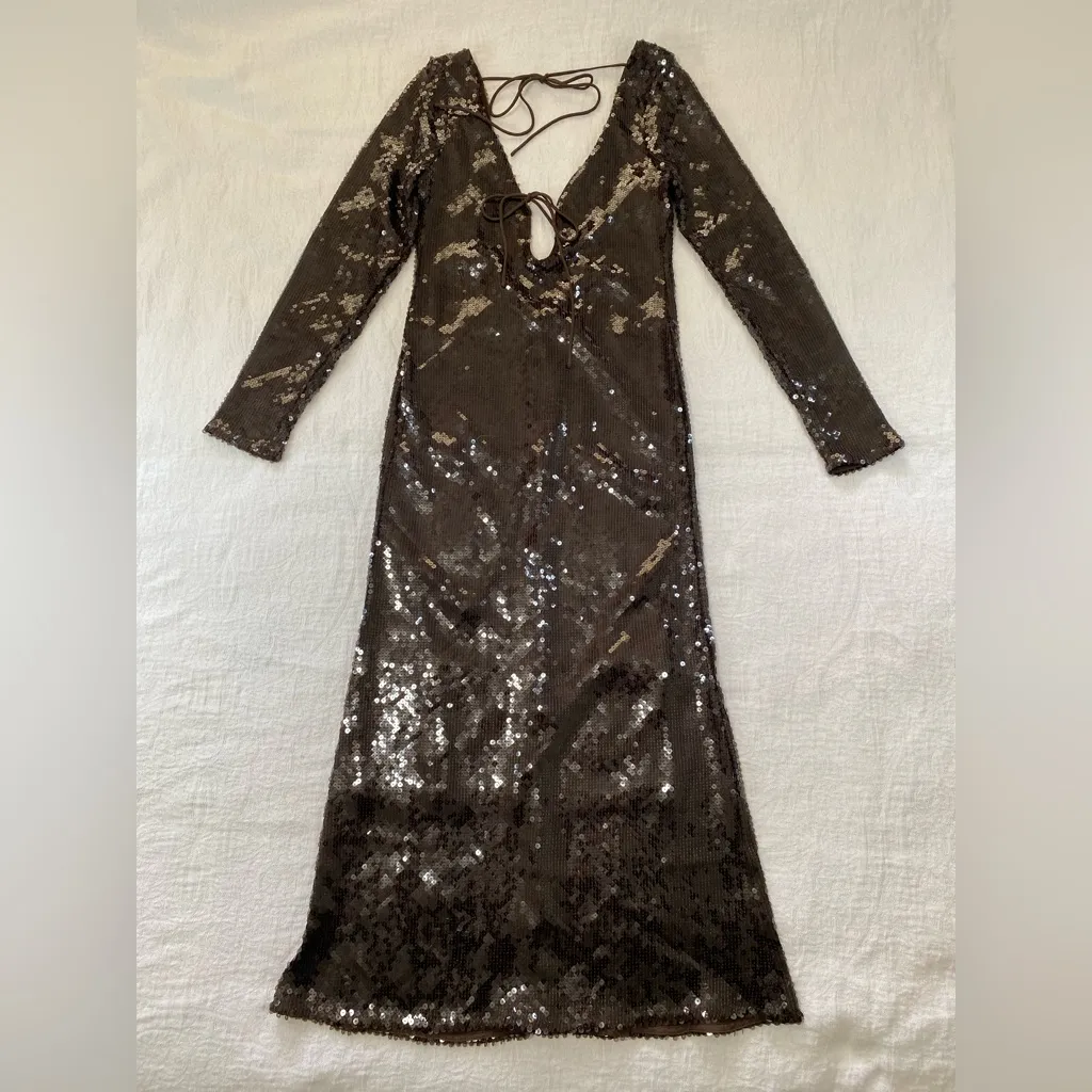 Bardot Verona Sequin Maxi Dress Brown 12 NWT Anthropologie Dark Chocolate - Image 6