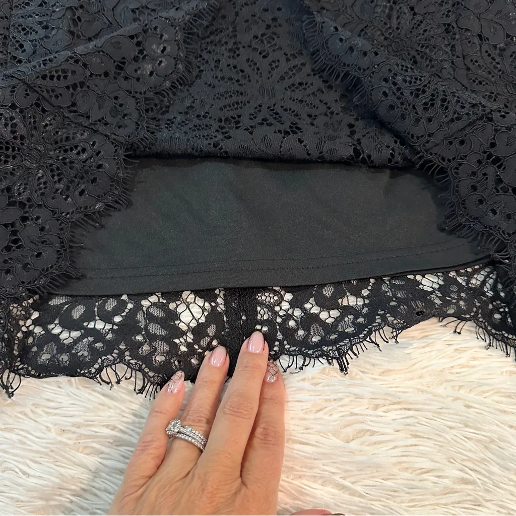 Nanette Lepore Black Floral Lace Blouse, Scalloped Hem Romantic Minimalist Small - Image 14