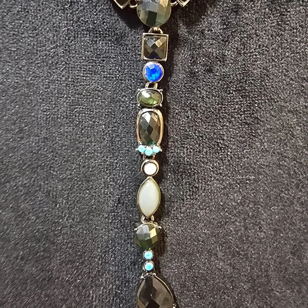 Women Fashion Y Drop Blue Green Black Rhinestone Beaded Necklace Silver Chain - Image 3