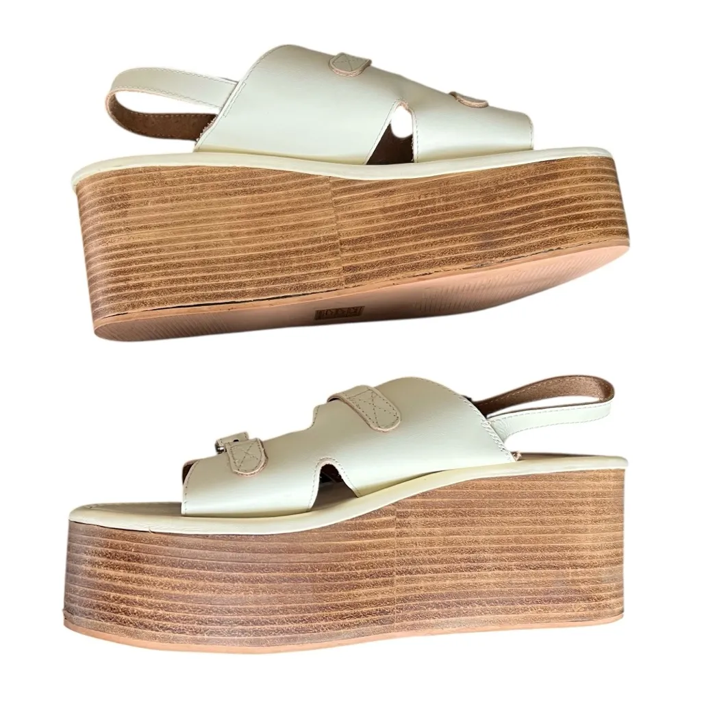 Anthropologie Women’s Buckle Tan Leather Open Toe Platform Sandals Wood Stack 41 - Image 9