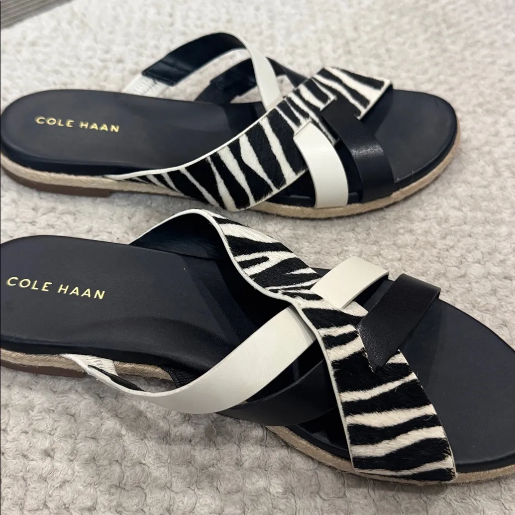 COLE HAAN Florens Woven Slide Sandals Flats Lfur zebra black white 7.5 - Image 8