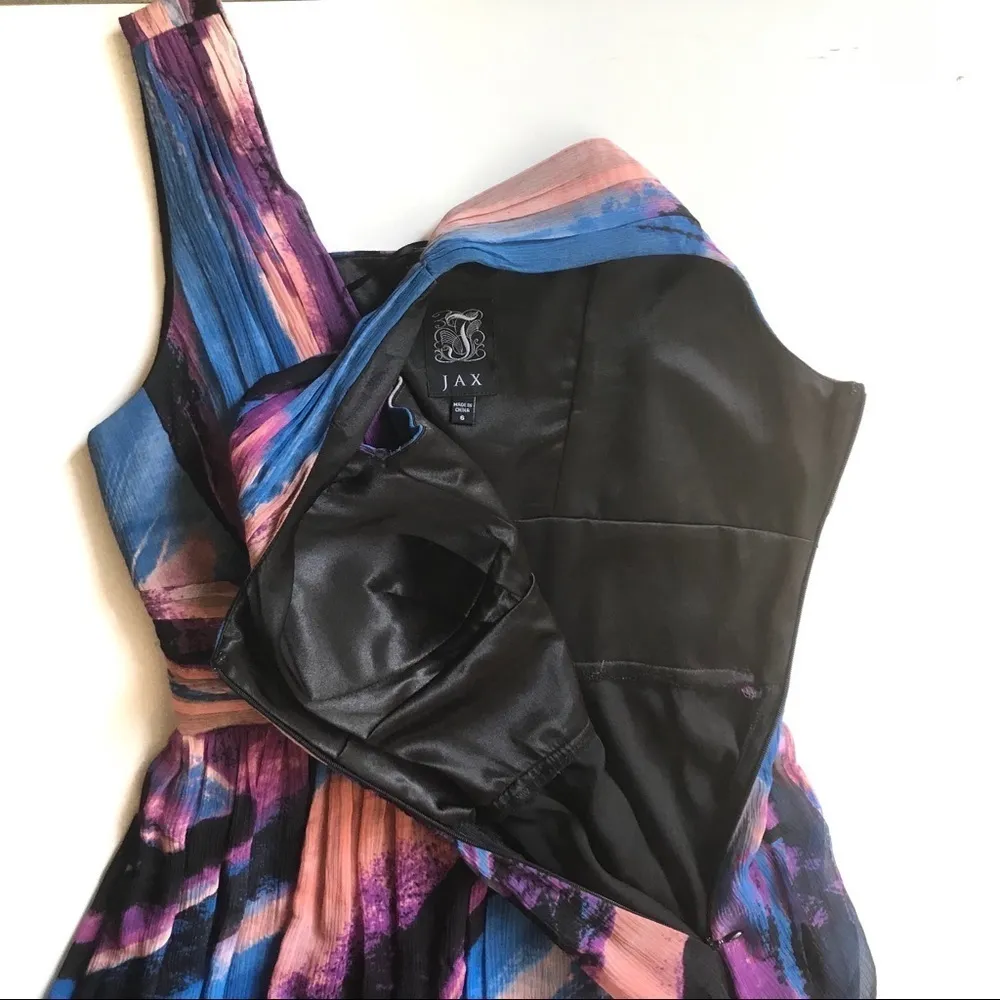 JAX multicolor watercolor silk chiffon dress with pleated bodice and flowy skirt Blue Size 6 - Image 5