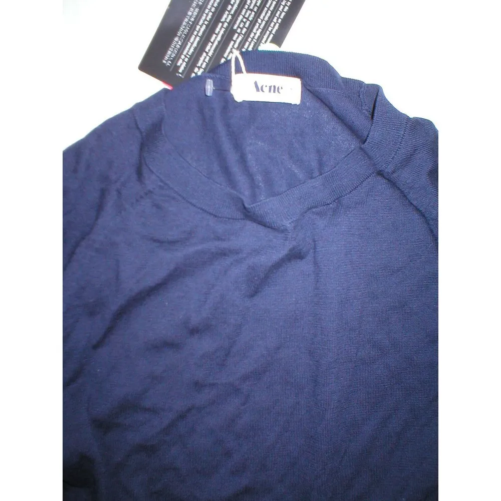 NWT New Womens Designer Acne Blouse Top XS Jersey Navy Blue Belt LS Dark Cotton - Image 7