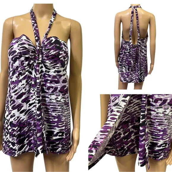 Swim by Cacique Purple Animal Print Halter Underwire Tankini Top Plus Size 42D - Image 2