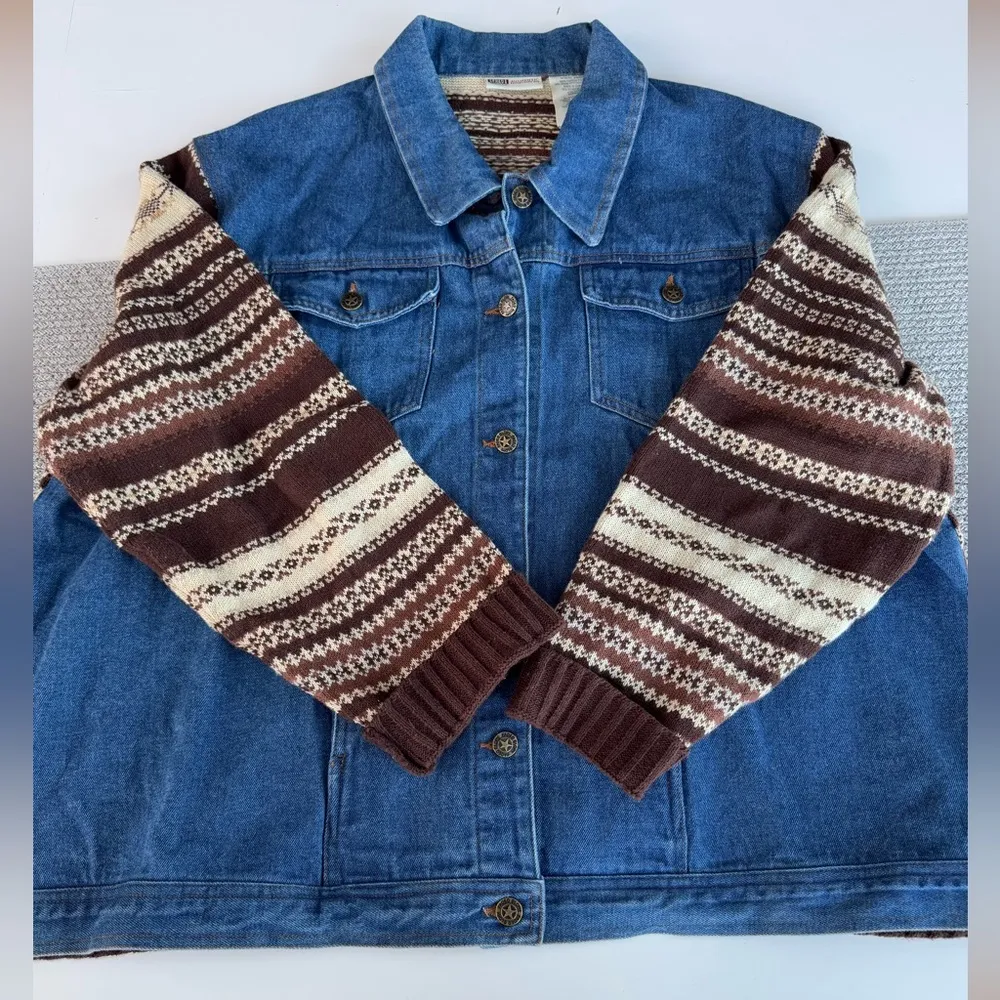 Vintage Faded Glory Denim Brown Fair Isle Sweater Top Jacket Shacket 22/24W XL Blue - Image 11