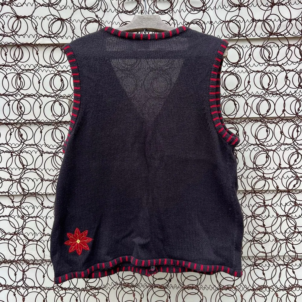 Vintage Y2K Ugly Christmas Red Poinsettia Beaded Embroidered Sweater Vest LARGE Black - Image 2