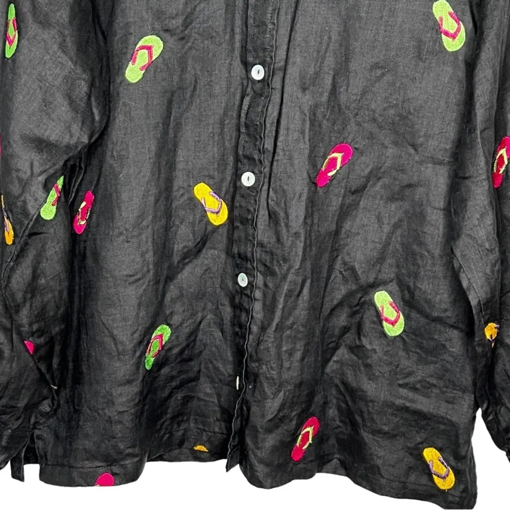 Vintage Casey Coleman Linen Blouse with Flip‎ Flops Black Size L - Image 3