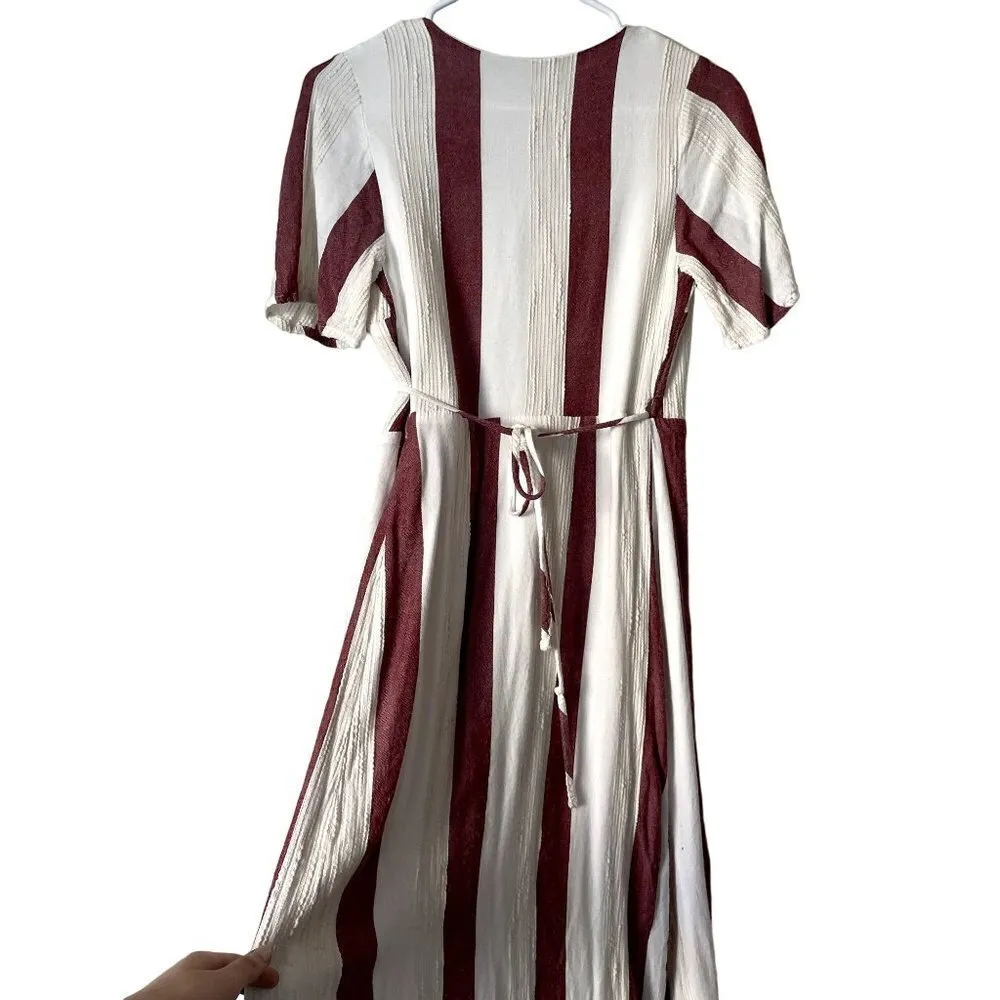 Lulus white striped maroon rayon wraparound vneck dress summer sundress comforta - Image 6