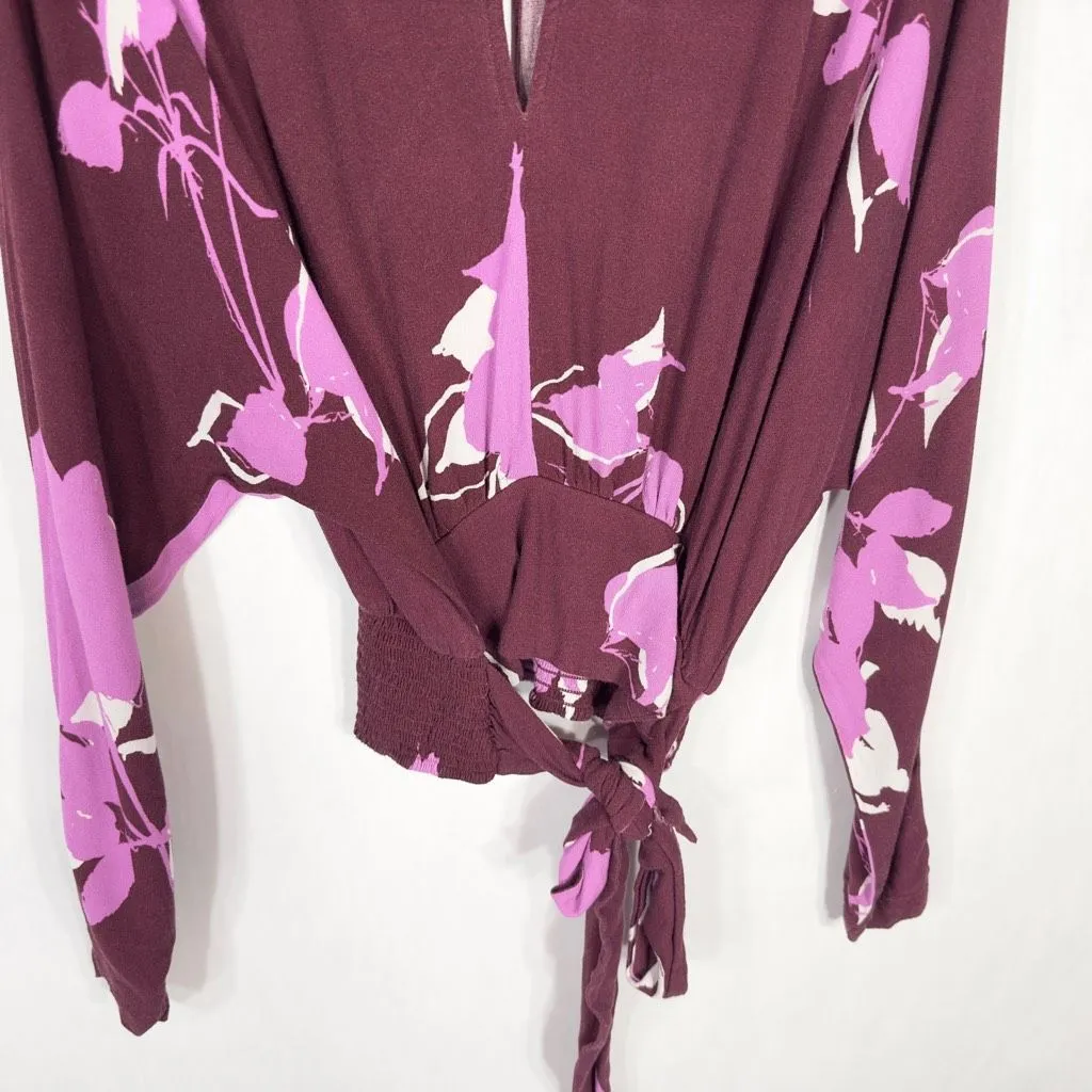 Free People Small Top Burgundy‎ Floral Mock Neck Long Sleeve Choker V Neck 1043 - Image 9