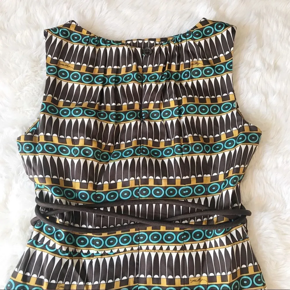 MILLY Silk Sheath Dress Sleeveless Geometric Print Tie‎ Belt Cream Brown Size 4 Brown - Image 6