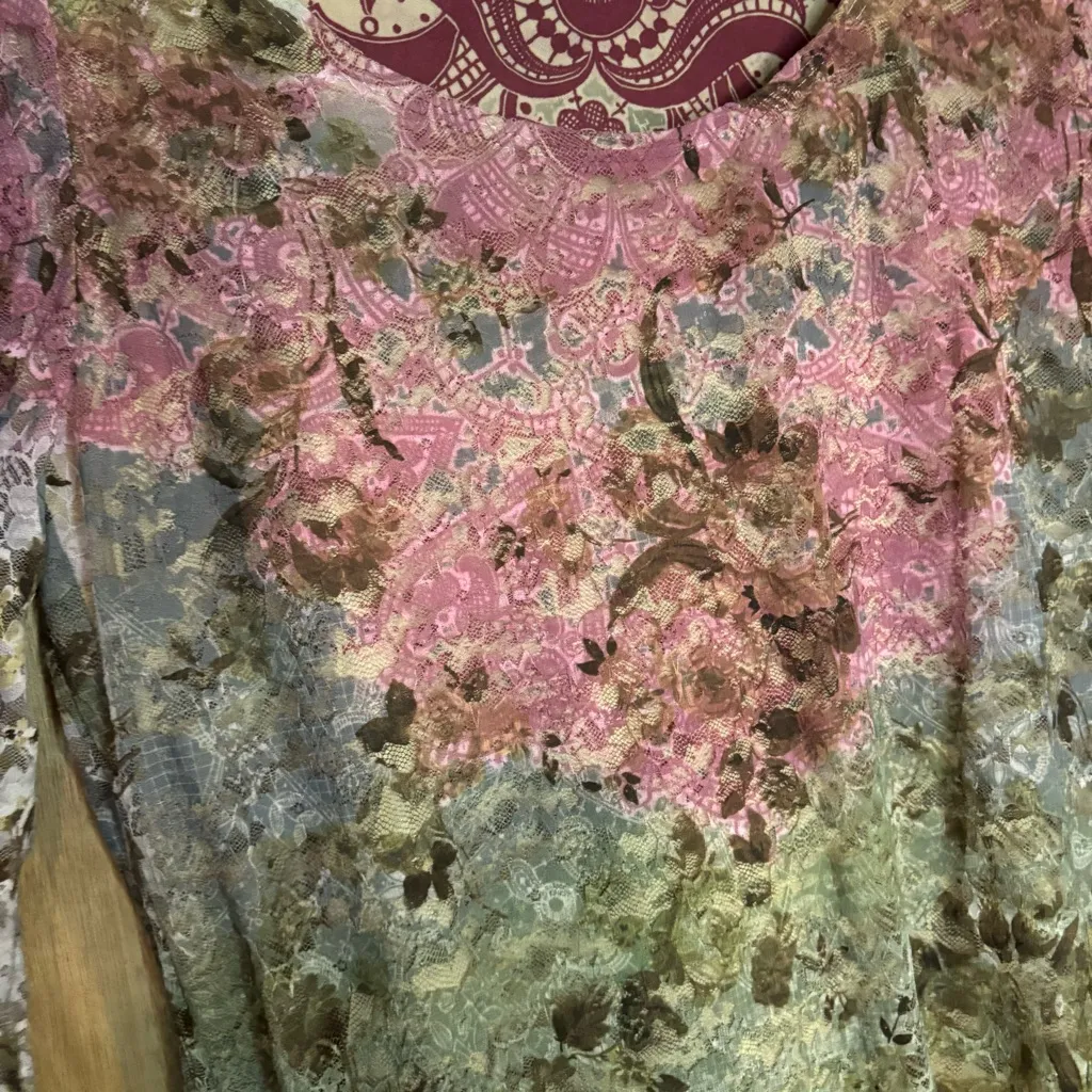 KEREN hart vintage women’s Floral Pink‎ and Cream lace Blouse size XL Pink - Image 3