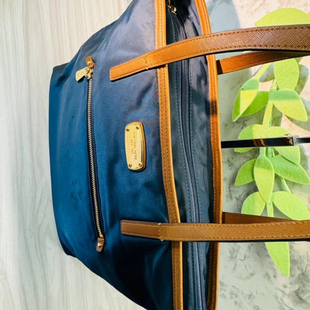 Michael Kors MK Kempton Blue Nylon Saffiano Large Leather Satchel Tote Bag - Image 4