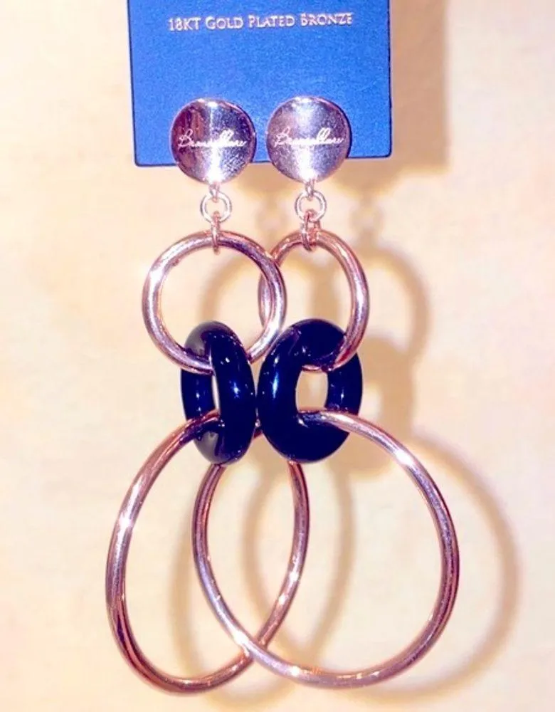 🆕 18kt Rose Gold Earrings Bronzallure & Onyx 3” Dangly Circle Hoop, MILOR ITALY Pink - Image 7