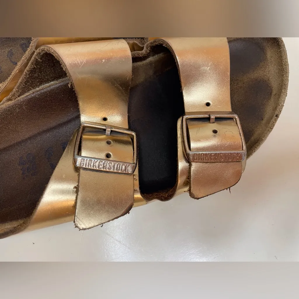 Birkenstock Arizona Soft Footbed Leather Metallic Copper Gold Sandals Size 9-9.5 - Image 7