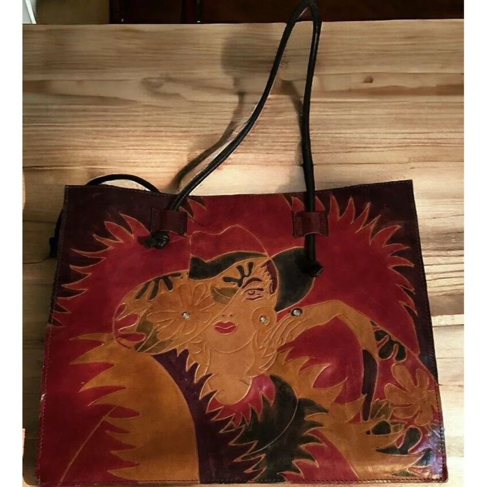 Vintage 1970’s Leather Tooled Lady Image Hand Dyed Tote Bag Purse On Both Sides - Image 2