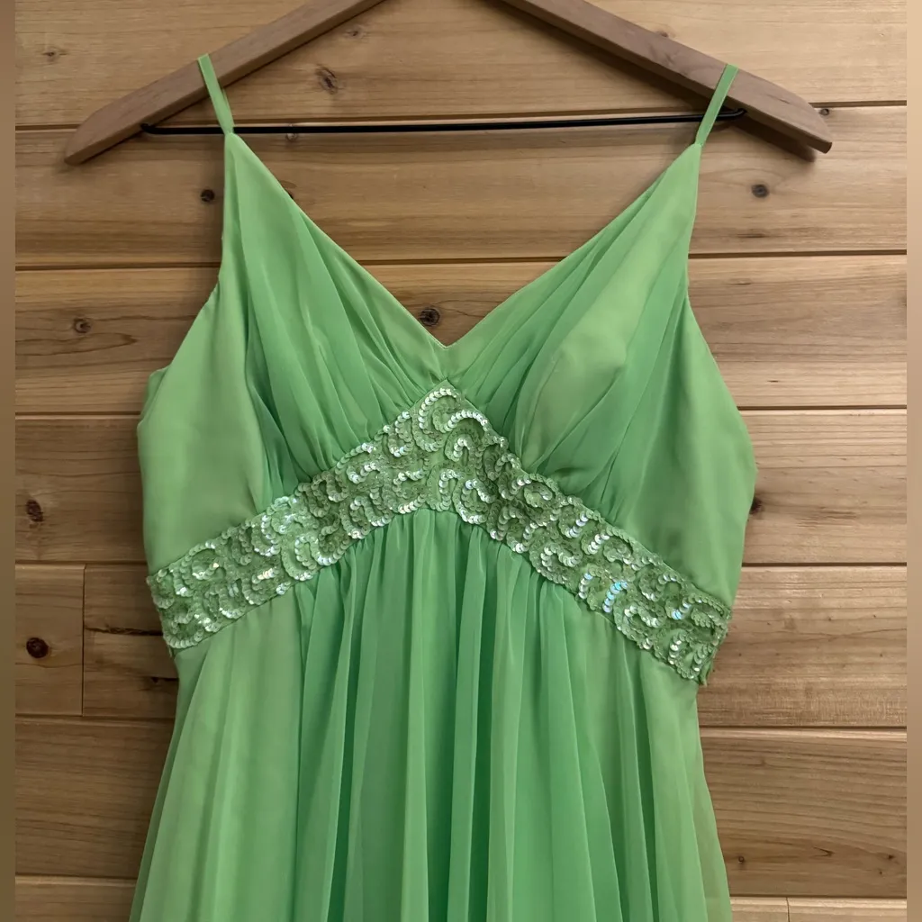 Vintage Mike Benet Size Small Lime Green Sequin Babydoll Chiffon Prom Dress - Image 7