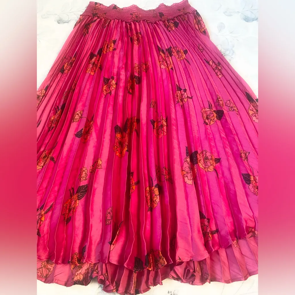 Banana Republic Floral Satin Pleated Midi Skirt Size Large Hot Pink - Image 3