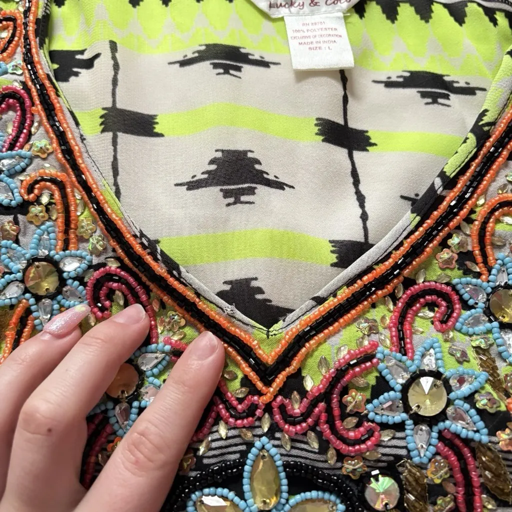 Lucky & Coco Tunic Cover Up Womens Size Large Yellow Beaded Sheer Boho Miami Y2K - Image 9