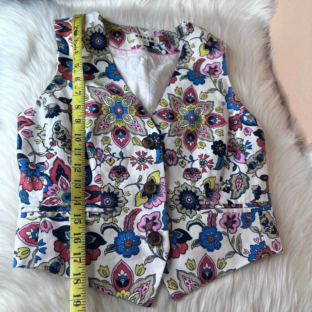 BODEN Tailored Linen Waistcoat Floral Vest Size 2 White - Image 9