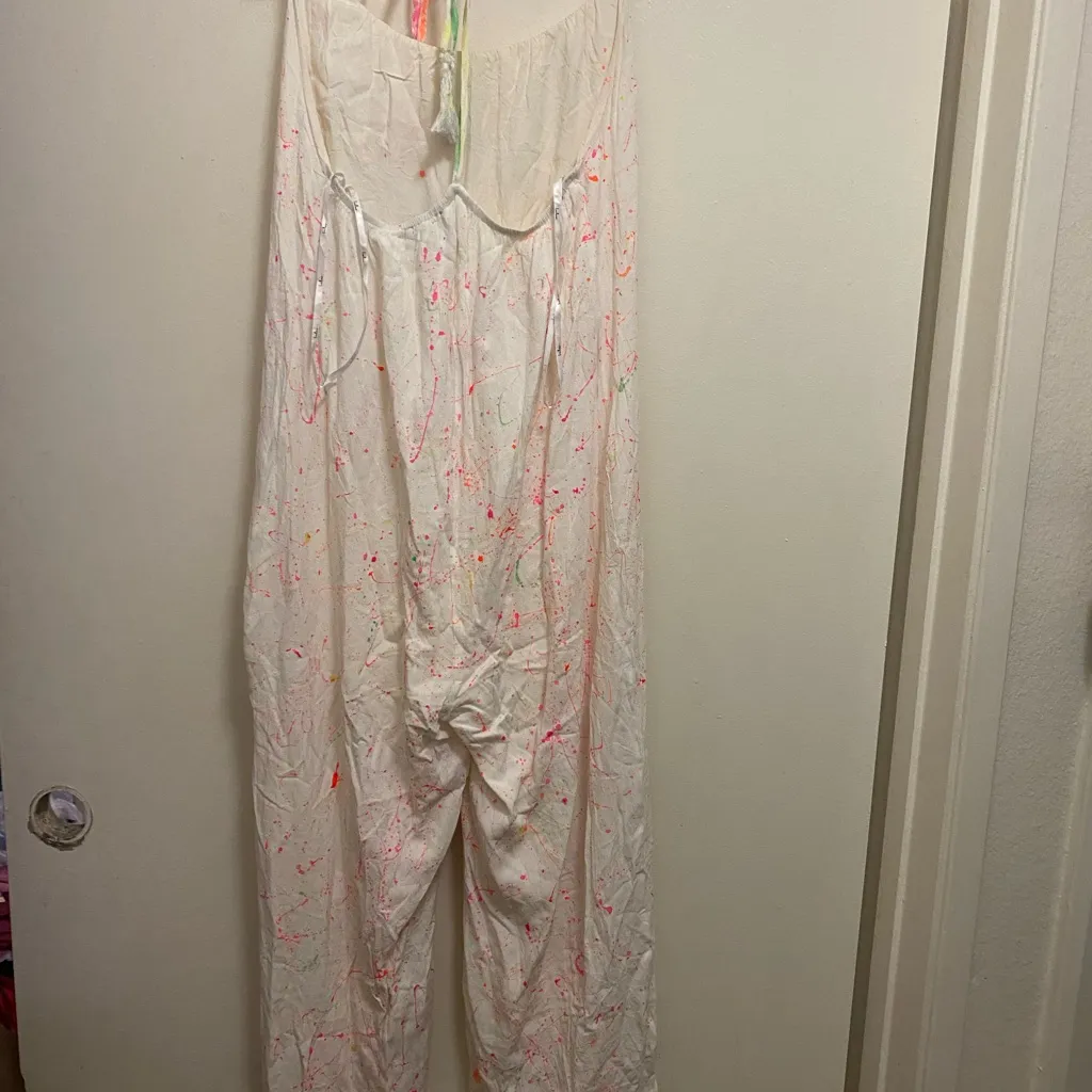Lulus Womens Paint Splatter Halter Jumpsuit XS White Pastel Pink Green Orange - Image 5