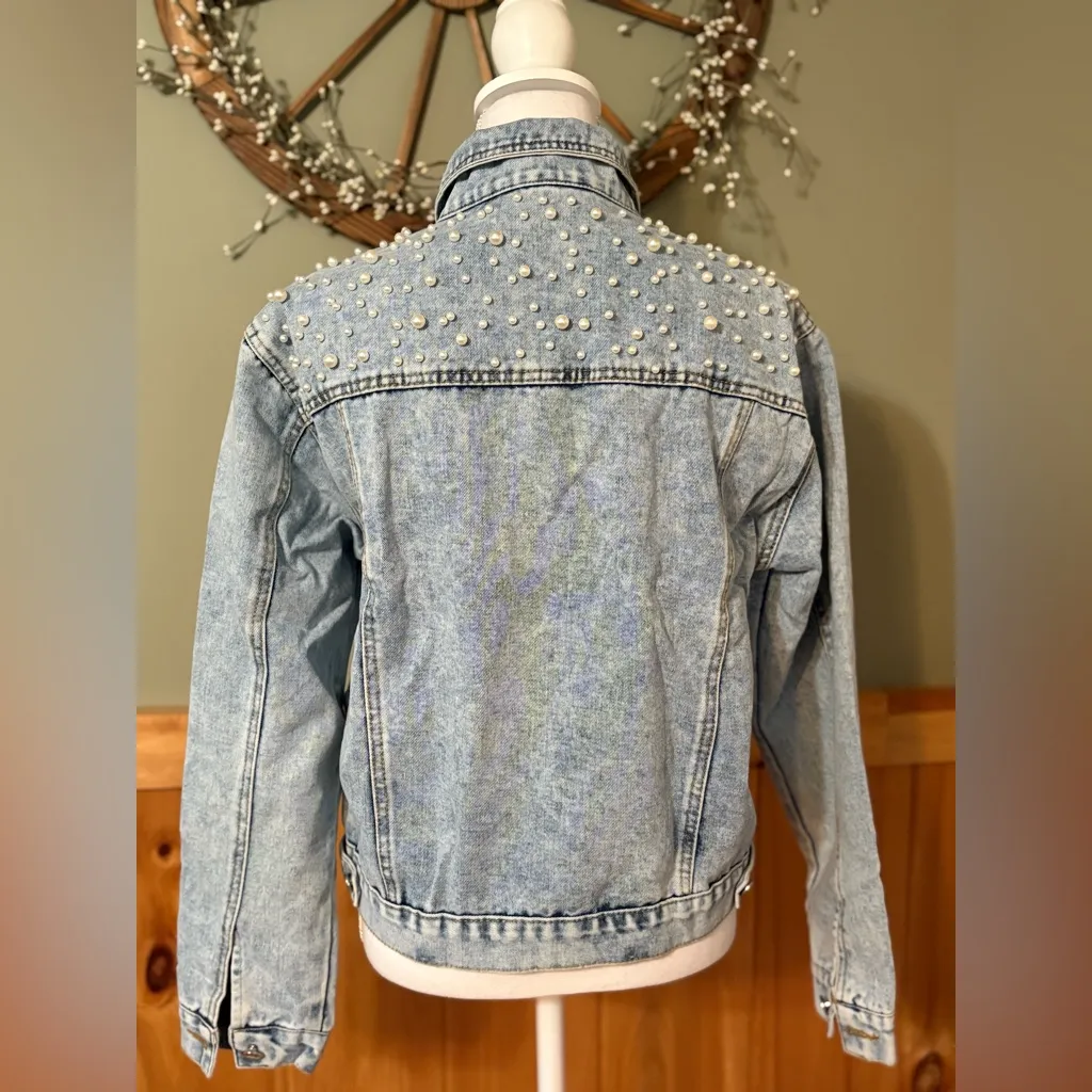 Ankecity Faux Pearl Studded Blue Denim Button Up Jacket size S NWOT - Image 5
