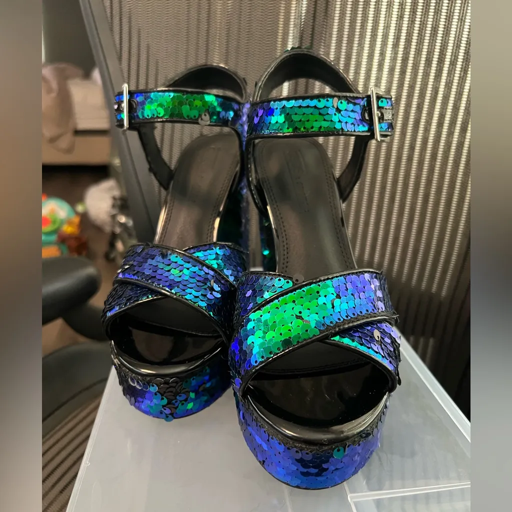 ASOS  Sequin Platform Sandals - Green and Blue - Image 3