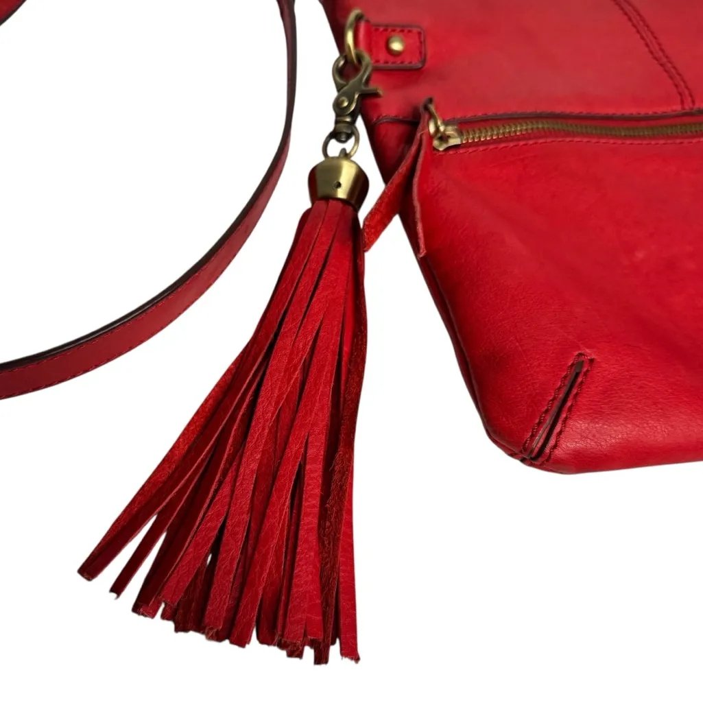 LUCKY BRAND RED LEATHER CROSSBODY TASSELS REMOVABLE STRAP HANDBAG - Image 2