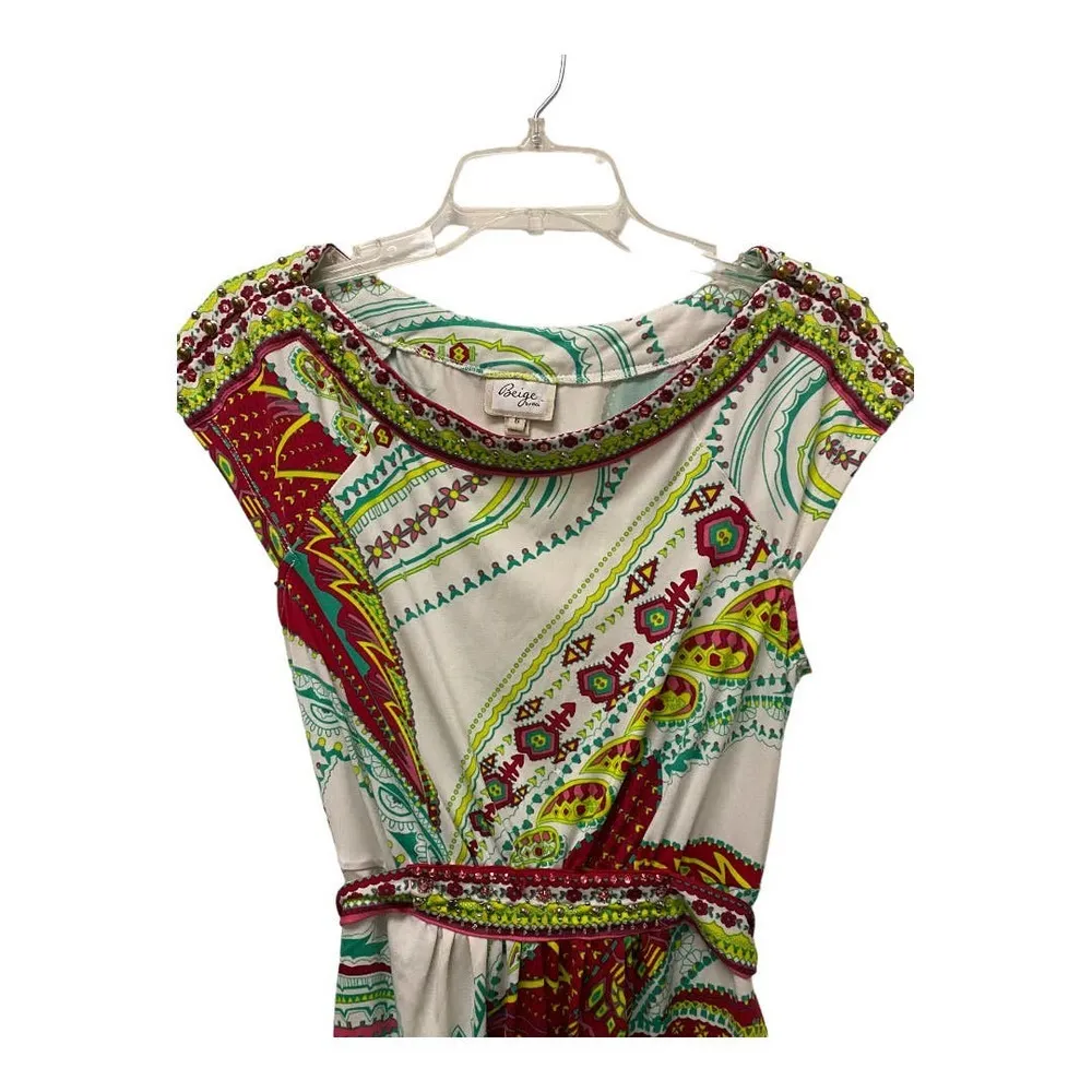 BEIGE by ECI Dress 6 Multicolored Knee Length Cap Sleeve Tie Waist Beaded Casual - Image 2