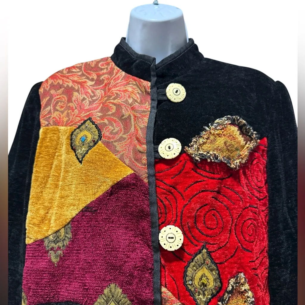 Indigo Moon Patchwork Jacket Women’s Small Boho Art to Wear Button Front Red - Image 2