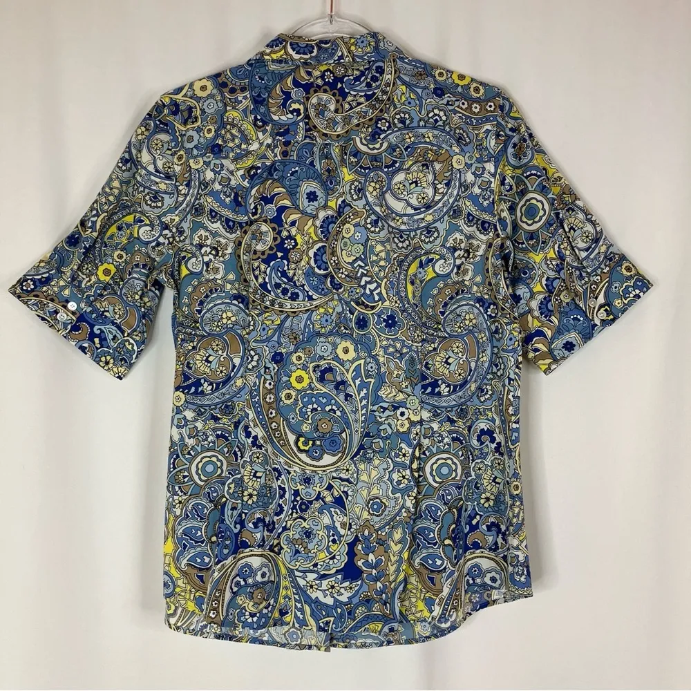 Talbots | Floral Paisley Blue Yellow Short Sleeve Non-Iron Button Up Shirt 10 - Image 6