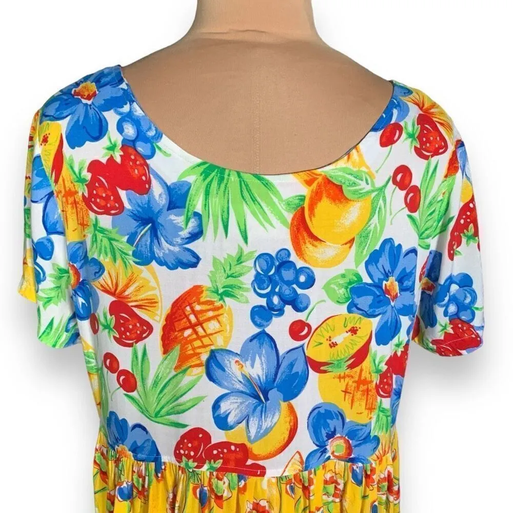 Vintage 90s Maxi Dress Yellow Tropical Fruit Floral Print Babydoll Short Sleeve Size L - Image 6