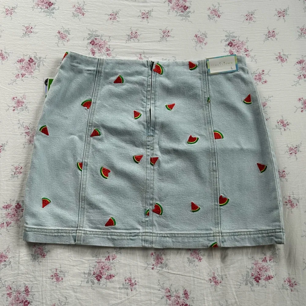 TINSELTOWN Embroidered watermelons denim mini skirt light wash blue - Image 5