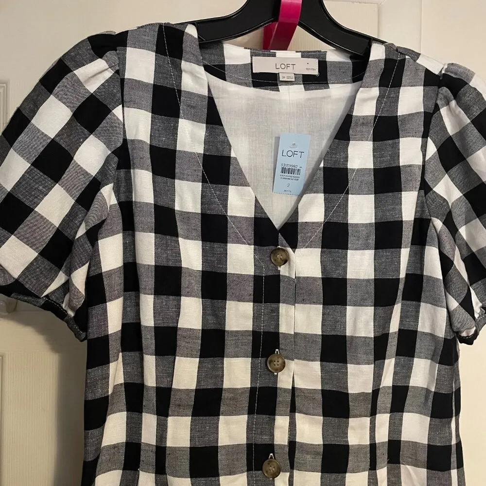 NWT LOFT Gingham Button V-Neck Dress Puff Short Sleeve Black White Size 2 Petite - Image 5