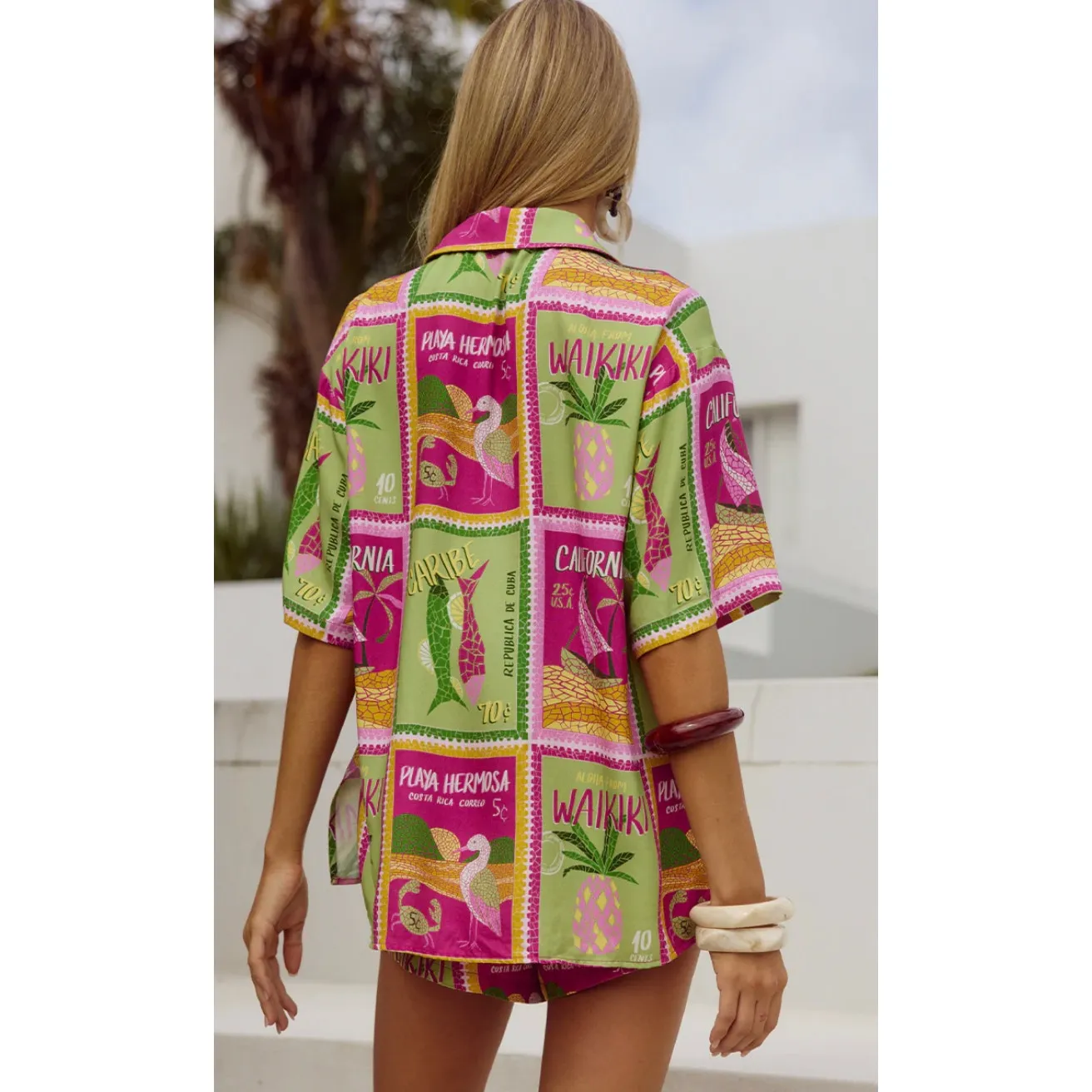 Seven Wonders Two Piece Set‎ Womens XS Purple Green Hawaiian Aloha Shirt Shorts - Image 2