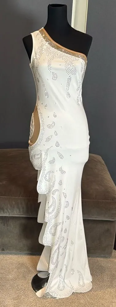 Sexy White Sparkly One Shoulder BodyCon Party Dress Leg Split Size S NWOT - Image 1