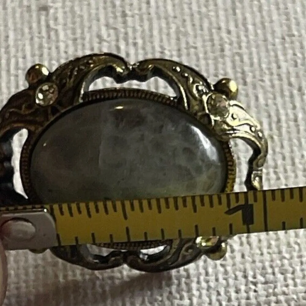 Vintage Moss Green Jade Clip On Earrings Oval Gold Tone White Stones Estate Pcs - Image 5