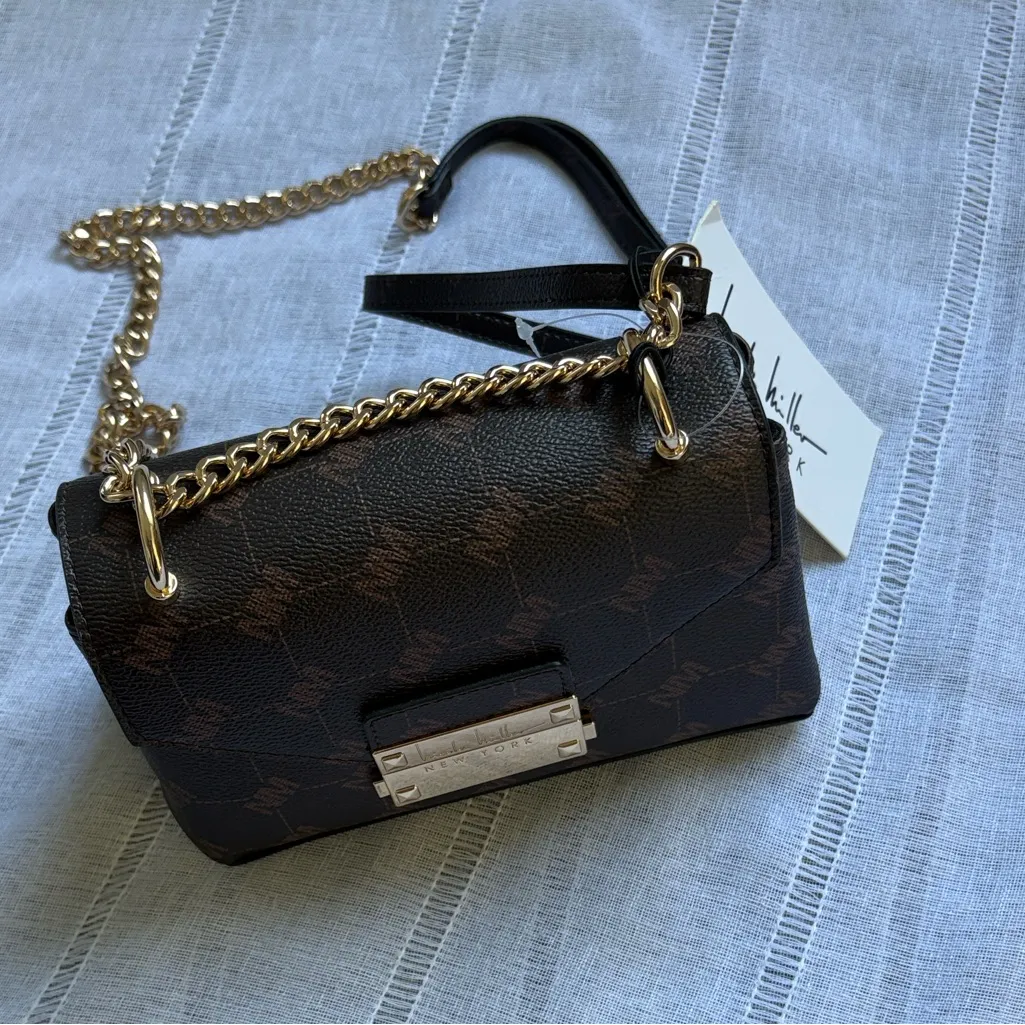 Nicole Miller NWT faux leather crossbody chain brown logo purse - Image 3