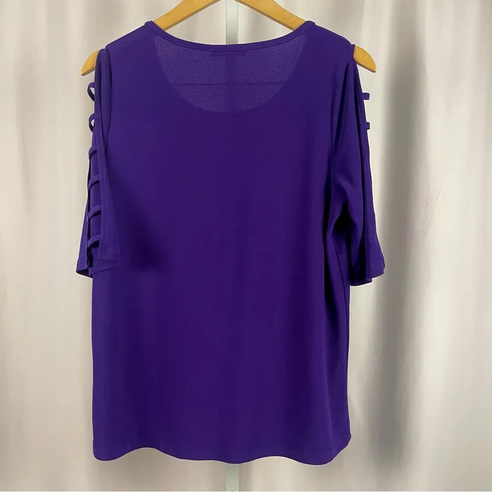 89th + Madison Medium Jewel Tone Stretch Sleeve Cutout 1/2 Sleeve Top Metal Purple - Image 7