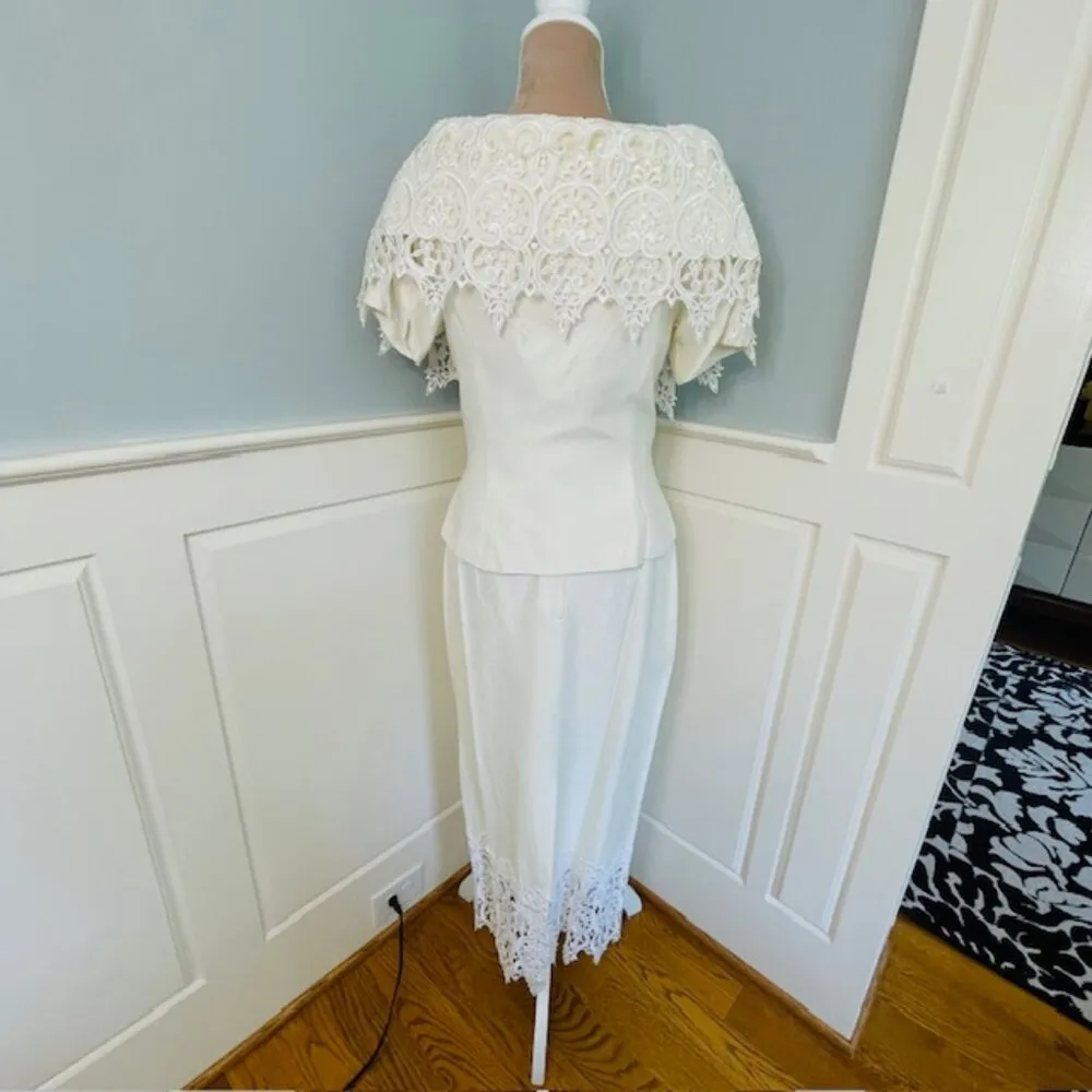 Jessica McClintock Vintage 90’s Ivory Lace Pearl Skirt Suit Bridal Shower Medium - Image 4
