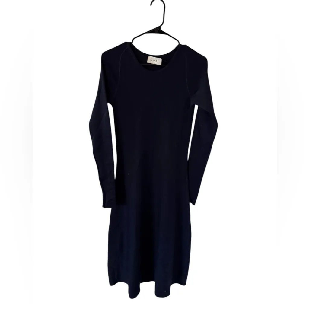 LEMAIRE Navy Long Sleeve Virgin Wool Midi Dress Blue - Image 5