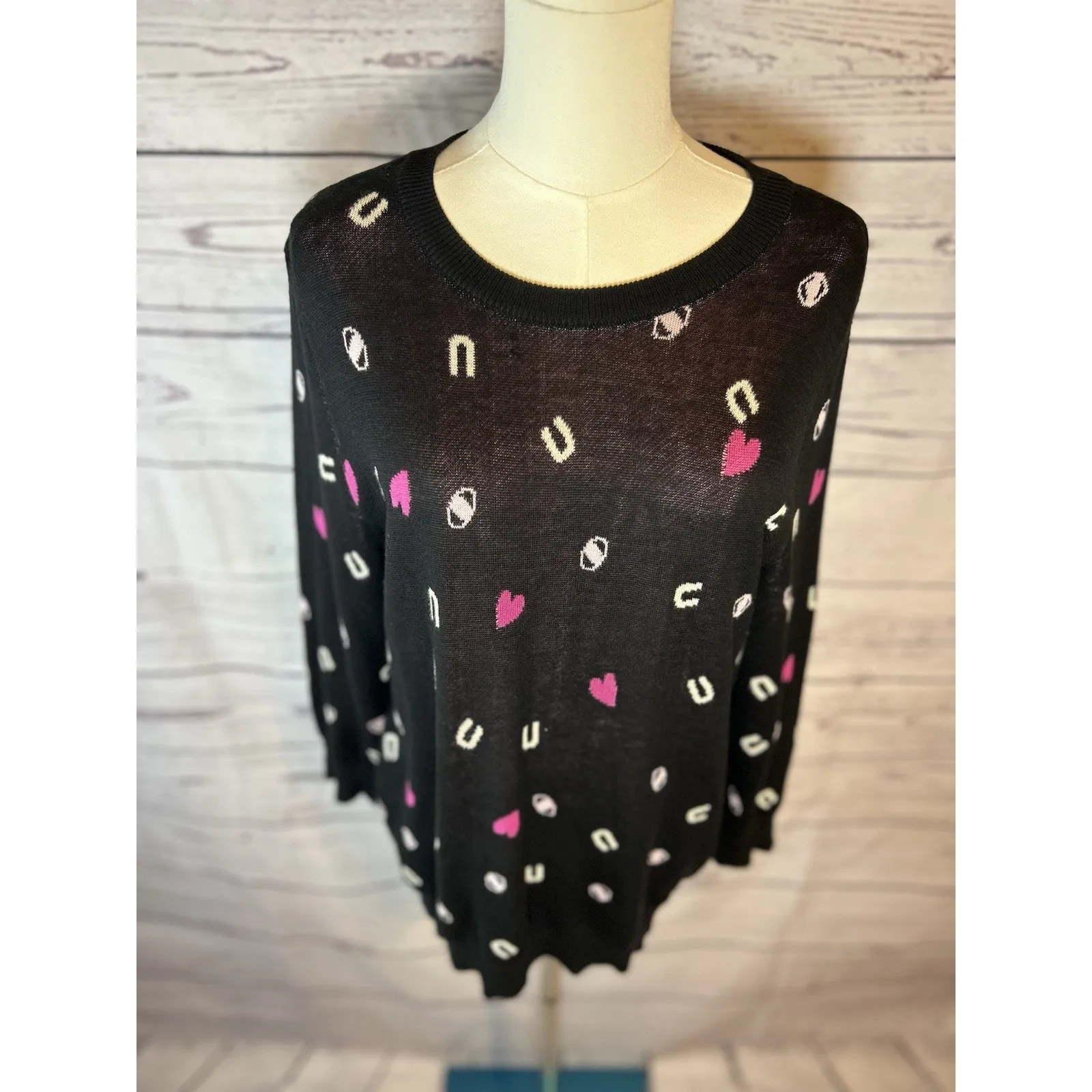 ModCloth Black Pink White Heart “I Love You” Sweater Women’s Size L - Image 2